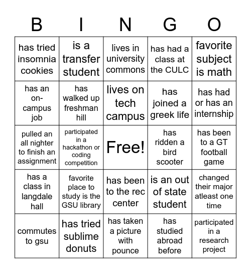 GWC GSU X GT Bingo Card