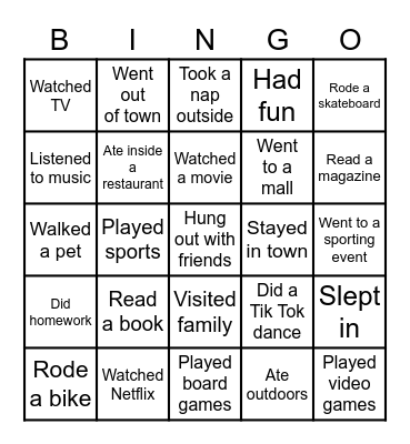 Spring Break Bingo Card