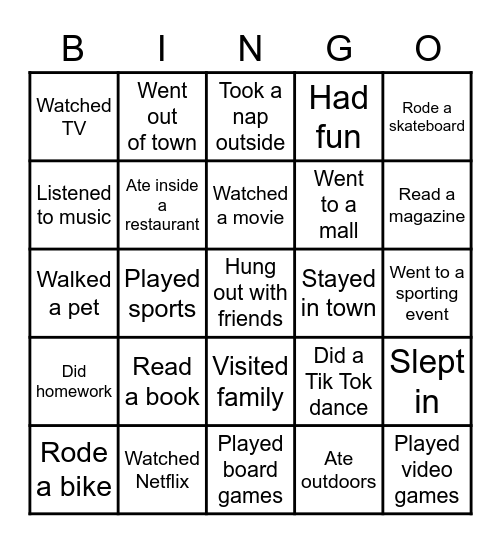 Spring Break Bingo Card