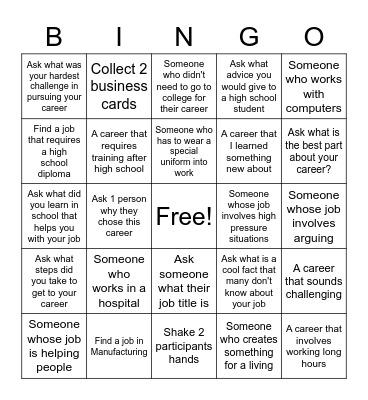 F.H.P Community in Schools Career Fair Bingo Card