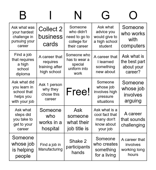 F.H.P Community in Schools Career Fair Bingo Card