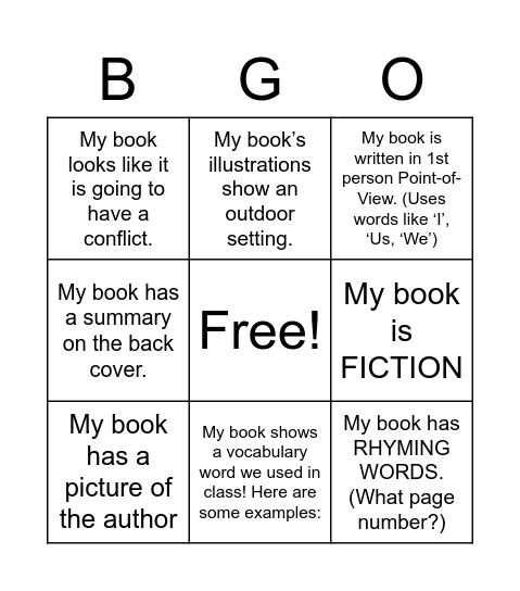 Book Walk BGO Bingo Card