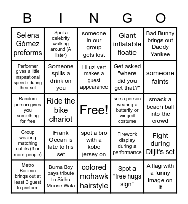 Coachella 2023 Bingo Card