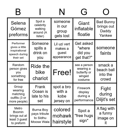 Coachella 2023 Bingo Card