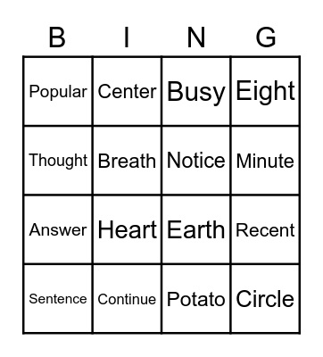 English Year 3-4 Bingo Card