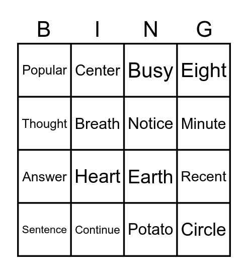 English Year 3-4 Bingo Card