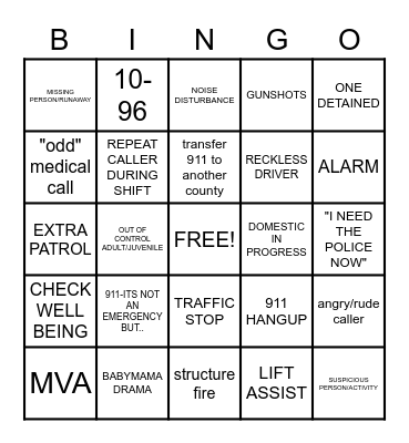 911 dispatcher Bingo Card
