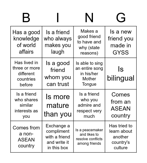 International Friendship Day Bingo Card