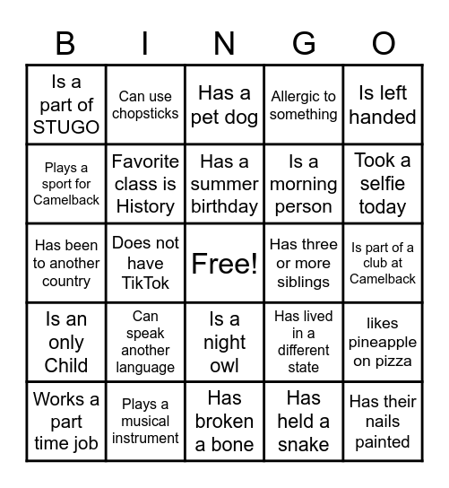 Get to FINALLY know your classmates Bingo Card