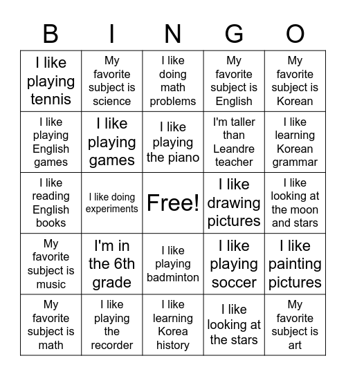 My favorite subject is science Bingo Card