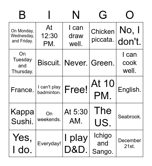 Hey Teacher! Bingo Card