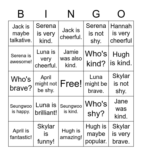 Roots A Personality Bingo Card