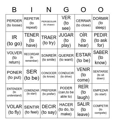 Irregular Spanish Verbs Bingo Card