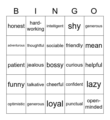 Personality Bingo Card