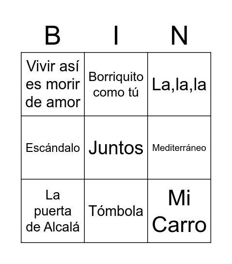 Bingo Musical Bingo Card