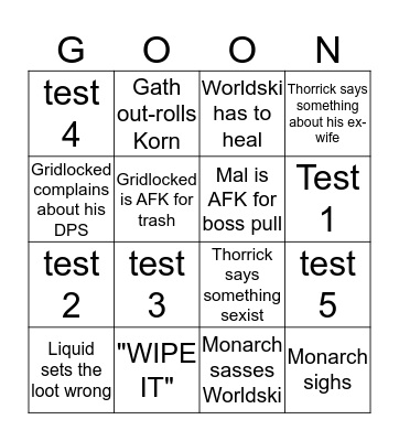 Totally Amazing Goon Bag Squad Raid Bingo Card