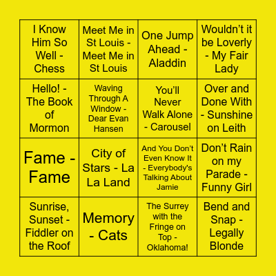 Mum and Me - Music Bingo - Musicals Round Bingo Card