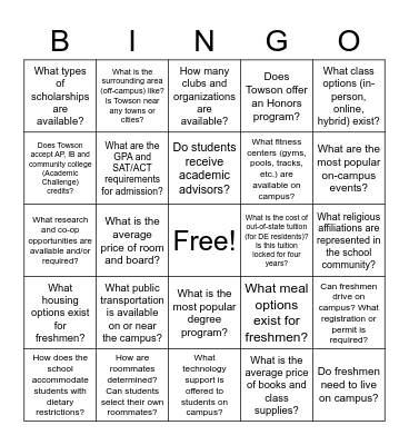 College Bingo Card