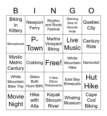 Summer in New England Bingo Card