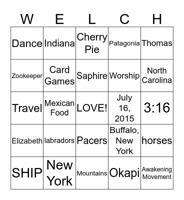 Favorite Things Bingo Card