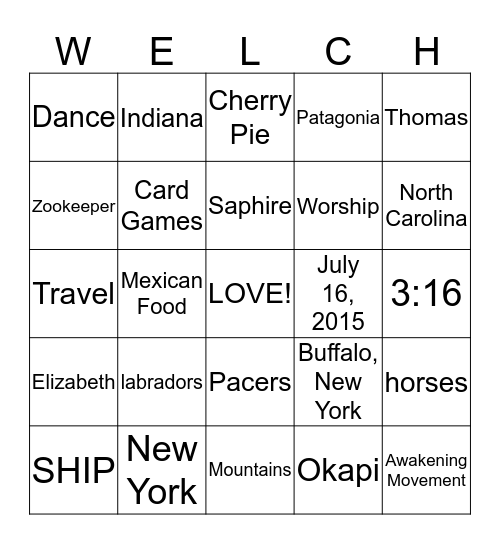 Favorite Things Bingo Card