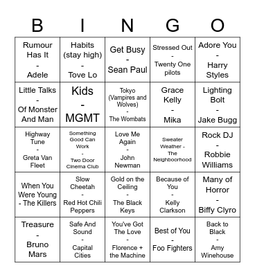Muziekbingo 00's en 10's Bingo Card
