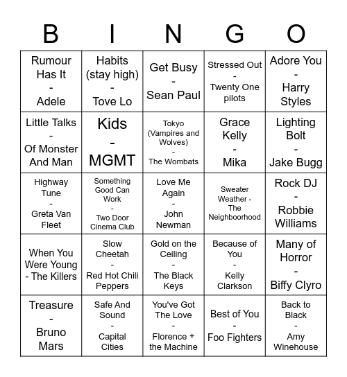 Muziekbingo 00's en 10's Bingo Card