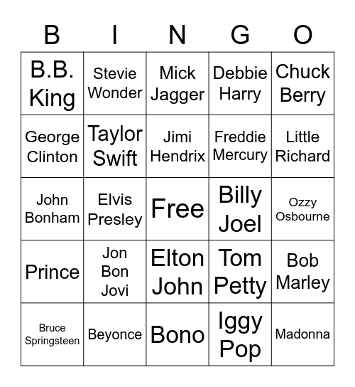 Rock Star Bingo Card