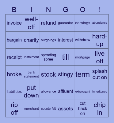 Money Vocabulary Bingo Card