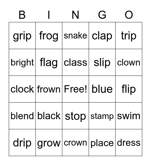 Initial Consonant Blend Words Bingo Card