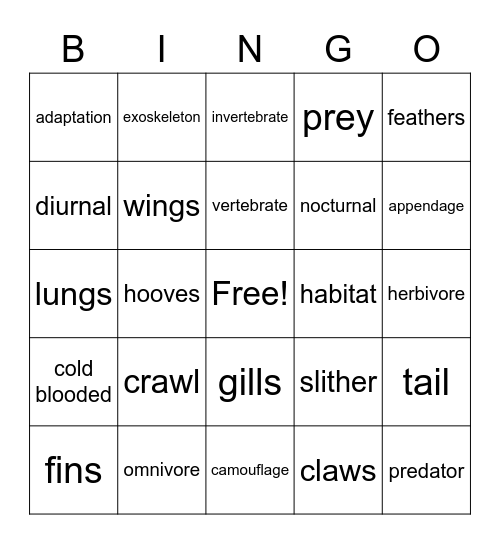 Animal Bingo Card