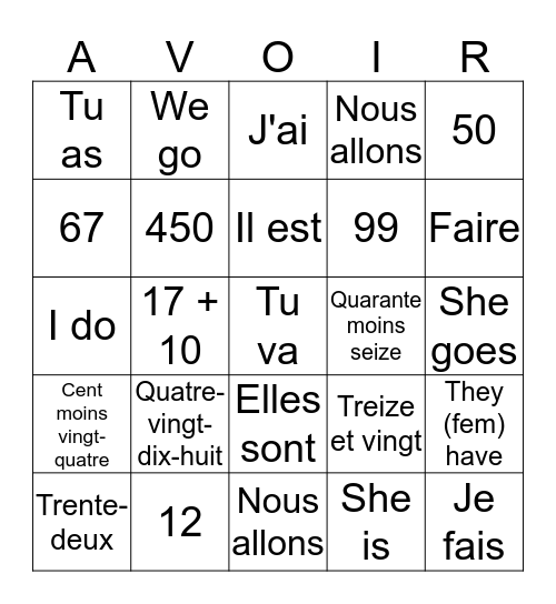 Va Annee Dix! Bingo Card