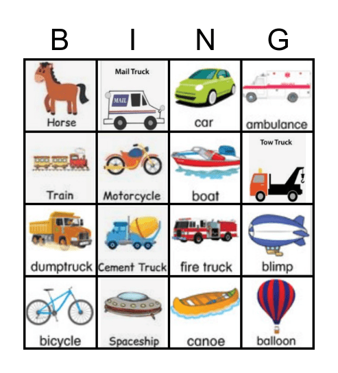 Transportation Bingo Card