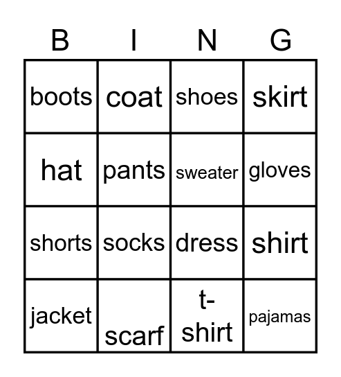 CLOTHES Bingo Card