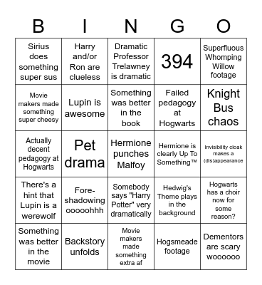 Prisoner of Azkaban Movie Bingo Card