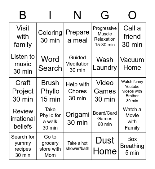 Brittany's Meaningful Activities Bingo Card