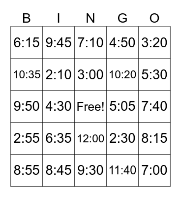 Telling Time Bingo Card