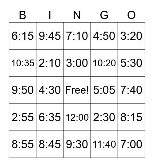 Telling Time Bingo Card