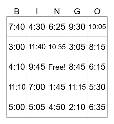 Telling Time Bingo Card