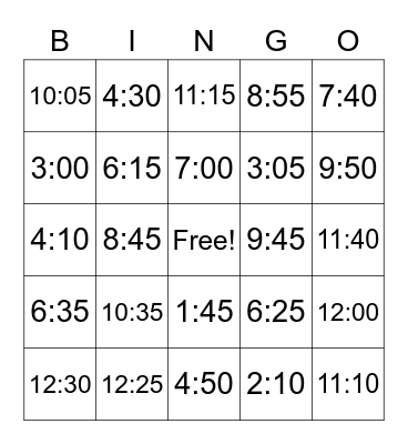 Telling Time Bingo Card