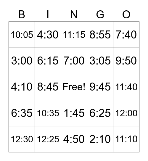 Telling Time Bingo Card