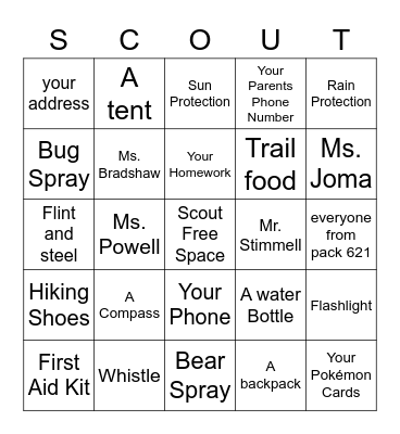 What do we need for a hike? Bingo Card
