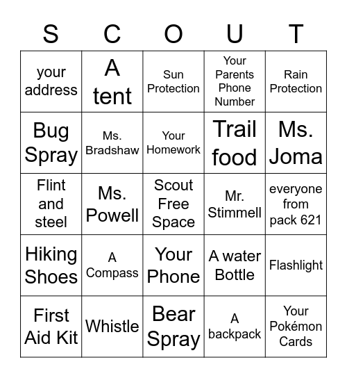 What do we need for a hike? Bingo Card
