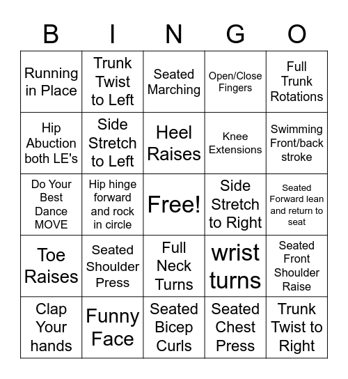 Exercise Bingo Card