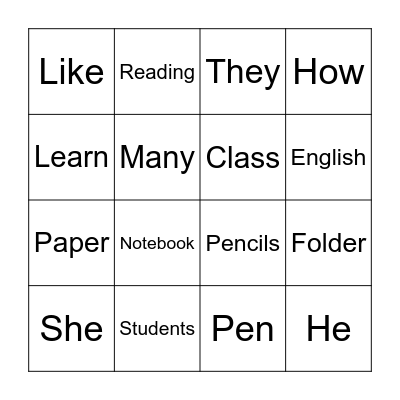 English Class Bingo Card
