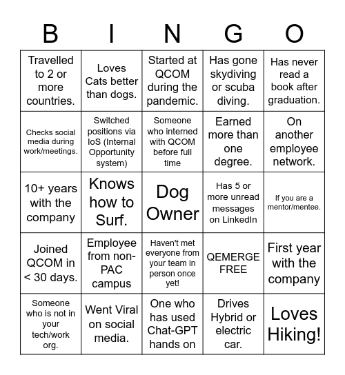 Qemerge speed networking Bingo Card