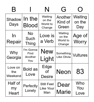 John Mayer Bingo - Vic's Card Bingo Card