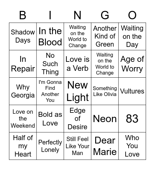 John Mayer Bingo - Vic's Card Bingo Card