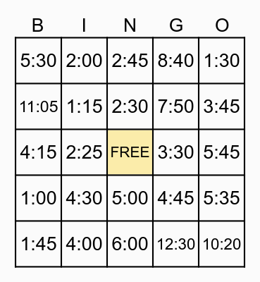 Telling Time Bingo Card