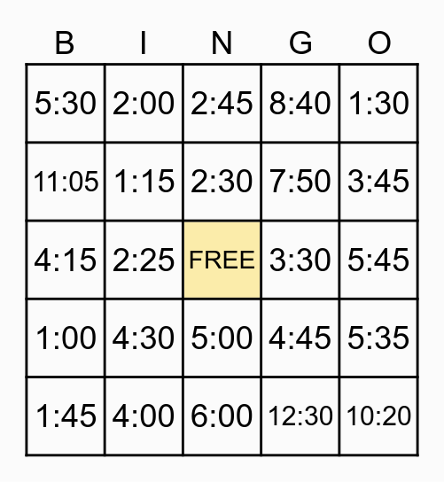 Telling Time Bingo Card